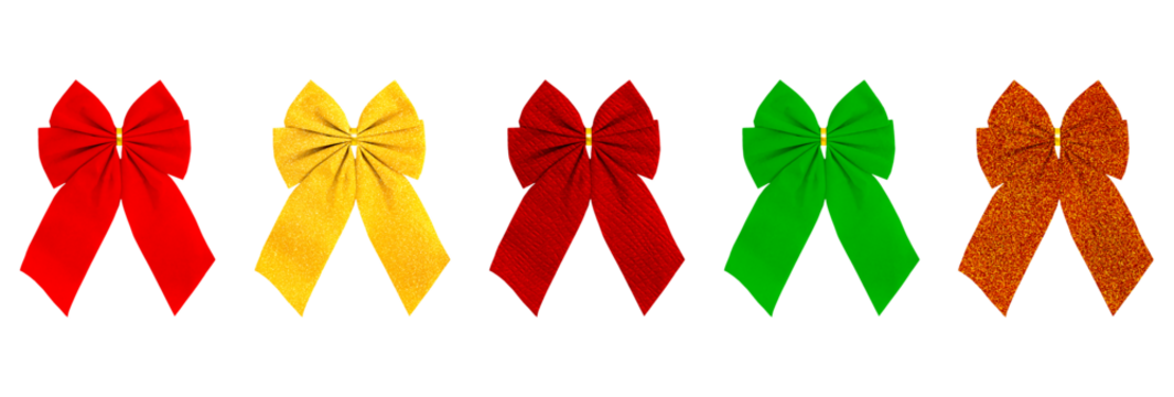 Horizontal set of five isolated holiday bows in red, gold, and green, featuring both glitter and fabric textures, ideal for Christmas, seasonal decoration, banners, or gift wrapping elements