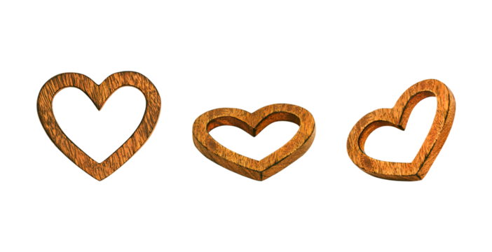 Set of three isolated wooden heart frames shown from different angles, featuring natural grain texture, perfect for Valentine's Day, rustic decor, love themes, and craft projects