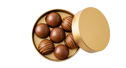 Delicious chocolate truffles in golden box isolated PNG, gourmet sweets for dessert and special occasion gifts on transparent background