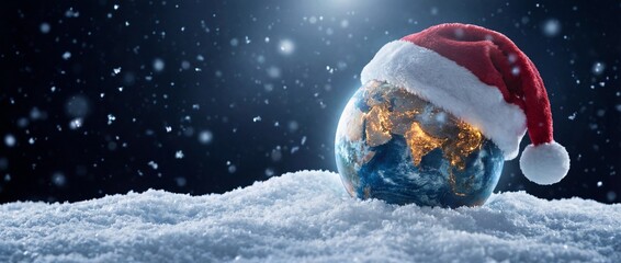 Planet Earth wearing a Santa hat celebrating the holidays in a snowy winter scene