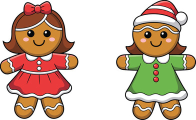 Cute cartoon gingerbread girl cookies wearing red and green dresses vector illustration isolated on white background.