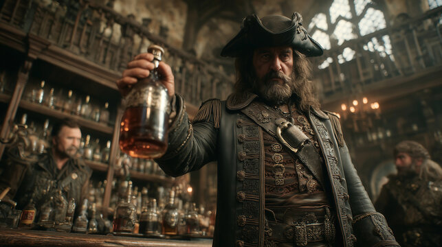 Pirates gather in a bustling tavern in Tortuga during the Golden Age of Piracy, sharing drinks and stories of adventure and treasure