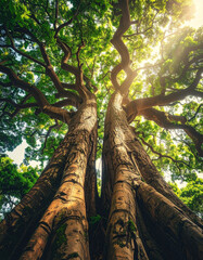 Fototapeta premium A single, tall tree has two massive, intertwining trunks that grow upwards together, sharing the same light.