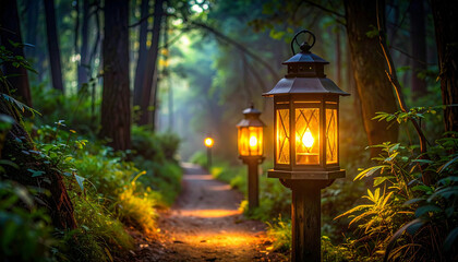The soft, warm glow from a pair of matching lanterns illuminates a path leading through a dense, dark forest.