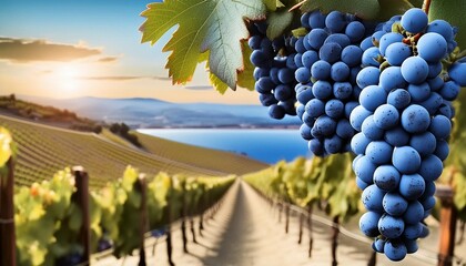 A large bunch of blue grapes in a vineyard. Ripe grapes against the background of the sun's rays
