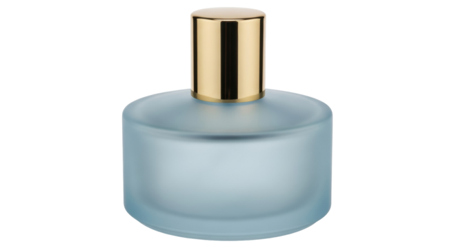 Elegant light blue glass diffuser bottle with gold cap isolated PNG, home fragrance container for aromatherapy and essential oils