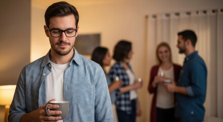 Young caucasian male enjoying coffee at social gathering with friends indoors