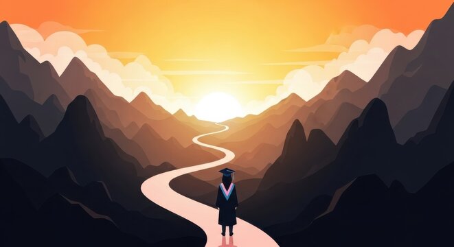 Graduate walks winding path towards bright sunrise