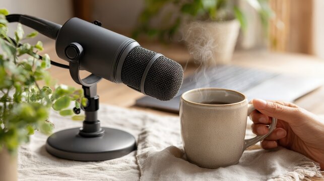 Podcast Recording Setup with Microphone and Coffee in Cozy Home Office - Powered by Adobe
