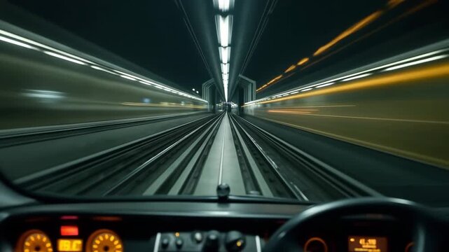 POV from a train or subway cockpit speeding through a tunnel with motion blur light streaks