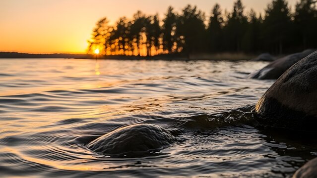Golden sunset over calm lake water with pine forest horizon