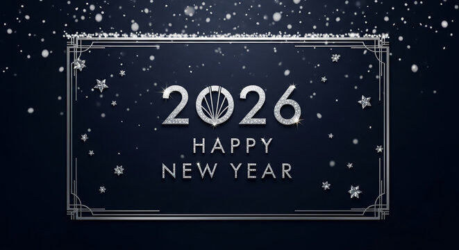Festive silver-toned 2026 frame with text Happy New Year on dark backdrop with falling snow, symbolizing celebration, greeting, holiday wish