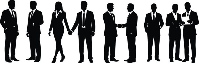 Business interaction silhouettes, professional poses in formal attire, teamwork and communication concept, corporate relationship vector illustration