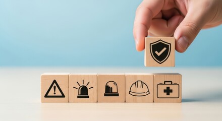 Hand places shield icon cube, emphasizing safety and protection.