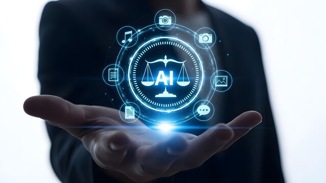 AI legal services concept glowing scales of justice with digital icons presented in hand