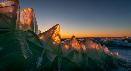 Close-up of translucent ice formations reflecting golden sunlight against a gradient sky, representing natural beauty, winter season, and geological wonders