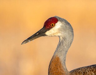 Close-up of a sandhill crane with red head patch against a soft, blurred golden background