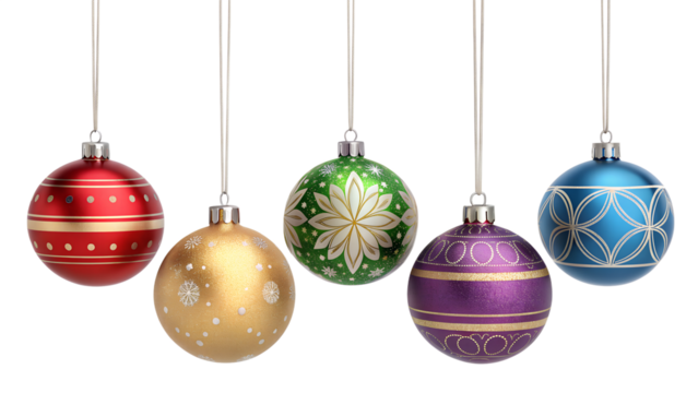 Three Green Glass Christmas Ornaments Hanging on String, Decorative Festive Holiday Tree Baubles, Detailed Traditional and Modern Xmas Decor, Emerald Green and Gold Patterned Globes