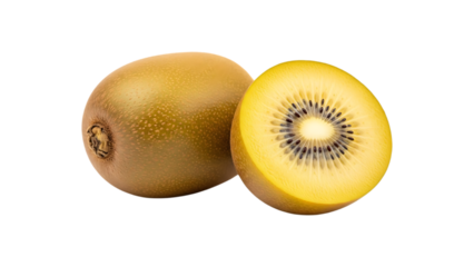 Whole golden kiwi fruit and half sliced isolated on transparent background