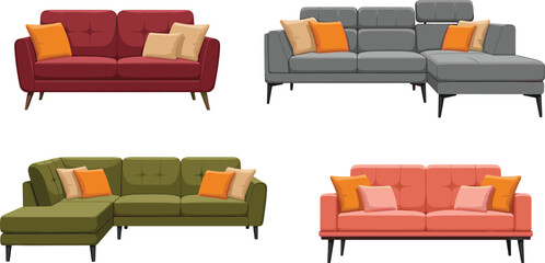 Modern sofa collection illustration, colorful couch designs with cushions, L-shaped and two-seater styles, interior furniture vector drawing