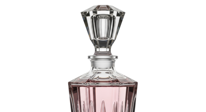 Elegant crystal decanter with pink liquid isolated PNG, luxury glassware for spirits and perfume on transparent background