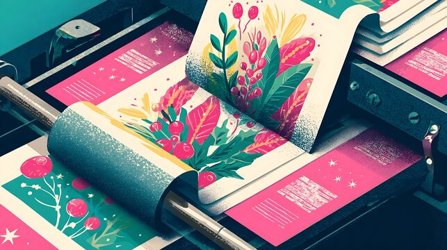 A vibrant image of a printing press in action, producing beautifully designed Christmas-themed flyers with festive illustrations and holiday messages.