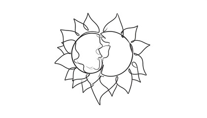 Fototapeta premium Delicate one-line drawing of an Earth globe enclosed in petals, centered on a blank background