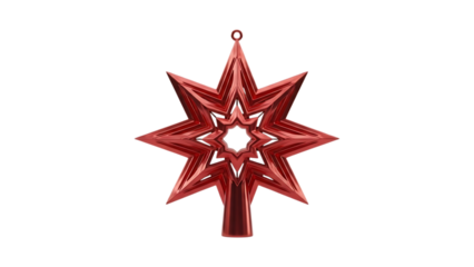 Red faceted star christmas tree topper isolated on transparent background