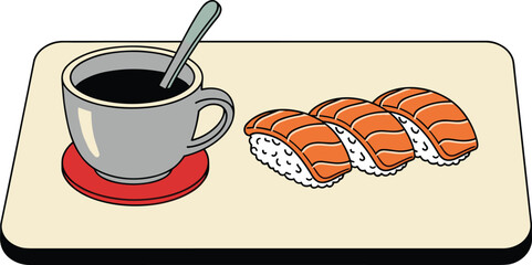 Sushi and coffee fusion illustration, serving tray with salmon nigiri and black coffee cup, cultural contrast vector food art