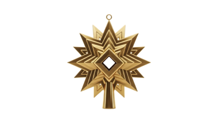Shiny golden star tree topper isolated on transparent background