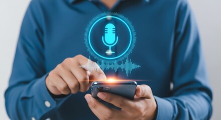 Person uses smartphone with blue microphone graphic overlay