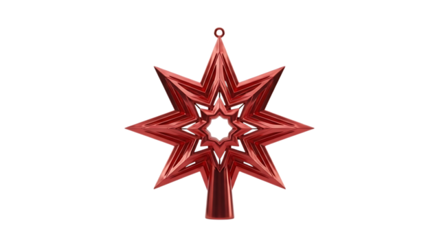 Red faceted star christmas tree topper isolated on transparent background