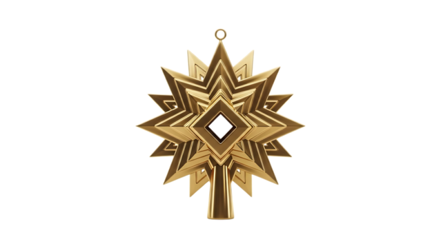 Shiny golden star tree topper isolated on transparent background