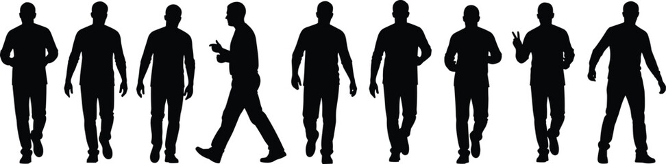 Walking and standing silhouette illustration, male figure poses, gesture and motion study, body language concept, vector drawing art