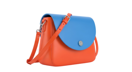 Stylish blue and orange satchel bag isolated PNG, fashion accessory for women on transparent background Modern design and vibrant colors
