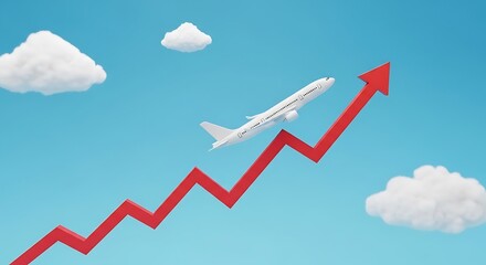 Airplane Ascending on Red Arrow Against Blue Sky with Clouds