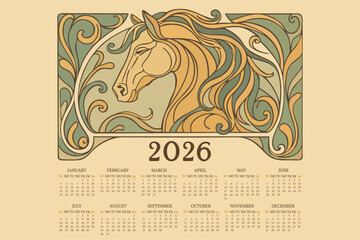 Calendar 2026. Week starts on Sunday. Chinese NewYear of Horse. Art nouveau style