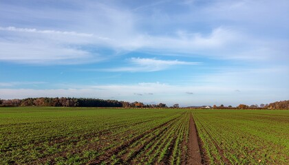 花咲く草原を通る曲がり道と青空の風景  
Winding path through flower-filled meadow under blue sky
