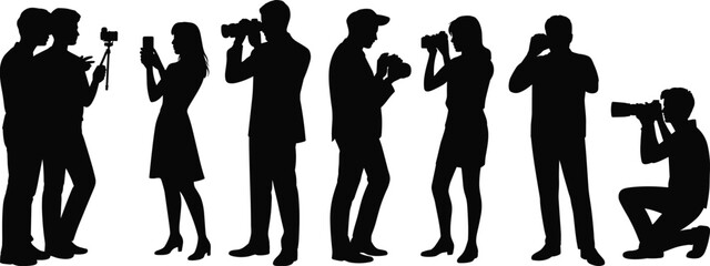 Set of photographer silhouettes taking pictures with professional cameras and smartphones vector illustration collection isolated on white.