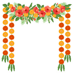 Traditional Indian Flower Garland with Marigolds, Hibiscus and mango leaves. Perfect for Indian Hindu festivals or wedding ceremonies.