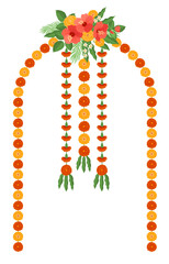 Traditional Indian flower arch with marigold flowers and mango leaves. Decoration for Indian Hindu holidays or weddings.