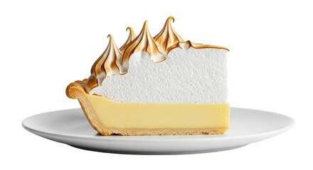 Slice of lemon meringue pie isolated on transparent background PNG, delicious dessert with toasted meringue and creamy lemon filling