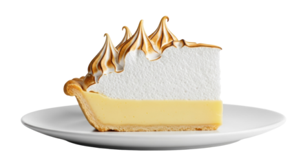 Slice of lemon meringue pie isolated on transparent background PNG, delicious dessert with toasted meringue and creamy lemon filling