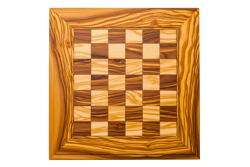Empty wooden chessboard with natural grain pattern seen from above on isolated background