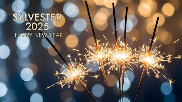 Sparkling sparklers illuminate the New Year 2025 celebration creating a festive atmosphere with bokeh lights perfect for holiday greetings and event promotions