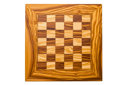 Empty wooden chessboard with natural grain pattern seen from above on isolated background
