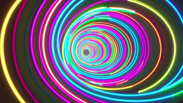 A vibrant display of neon light spirals in a tunnel effect, featuring a dynamic mix of pink, blue, green, and yellow hues. perfect for digital art, modern designs, and eye-catching backgrounds, illust