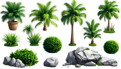A collection of stylized tropical trees, shrubs, and rocks on a transparent background