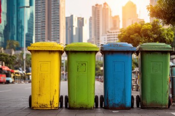 Obraz premium Colorful recycling bins line the street in a modern city with tall buildings and a bright sunset