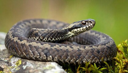 Fototapeta premium Coiled viper snake, dark brown with patterned scales, rests atop a mossy rock against a blurred green backdrop